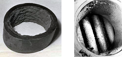 Отложения шлаков на внутренней поверхности  трубопровода (слева) и теплообменной сборке (справа).