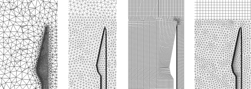 Типы  расчетных сеток на примере модели, состоящей из семи смежных ТВС (увеличенный  фрагмент около верхнего среза головки ТВС)