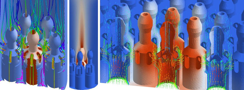 Результаты моделирования перемешивания разнотемпературных струй натрия для  сборок различной геометрии
