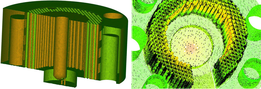Расчетная сетка и результаты моделирования течения потоков теплоносителя,  образующихся в водяном экспериментальном стенде